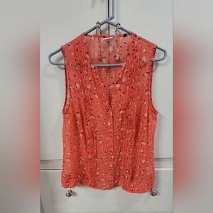 Cabi # 5350 Coral Blossom Pin-tuck Floral Sleeveless Blouse Sz Medium Polyester